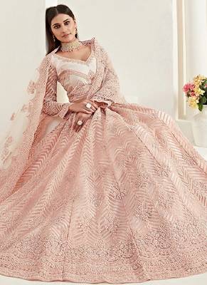 Peach embroidered net semi stitched lehenga 3
