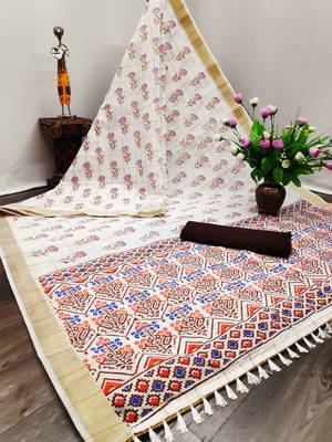 White printed blended cotton saree with blouse 1