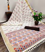 White printed blended cotton saree with blouse