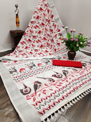 White printed blended cotton saree with blouse 1