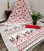 White printed blended cotton saree with blouse