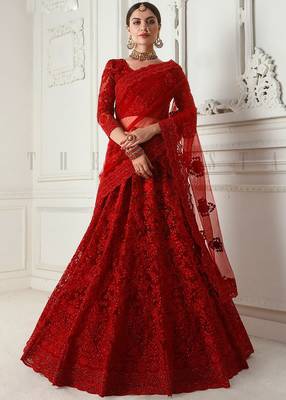 Red embroidered net semi stitched lehenga 1
