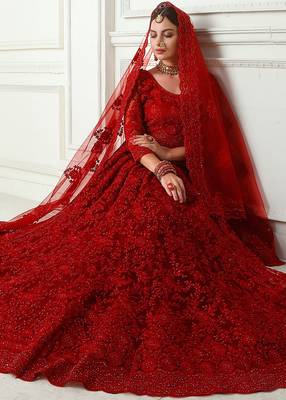 Red embroidered net semi stitched lehenga 2
