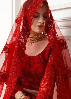 Red embroidered net semi stitched lehenga 3