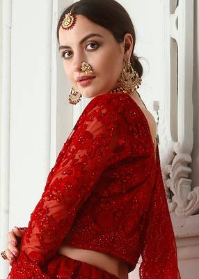 Red embroidered net semi stitched lehenga 4