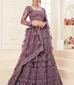 Purple embroidered net semi stitched lehenga