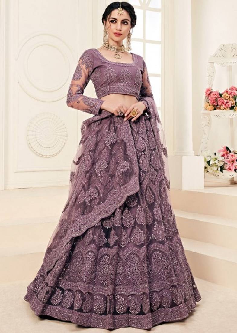 Purple embroidered net semi stitched lehenga