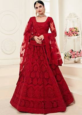 Red embroidered net semi stitched lehenga 1