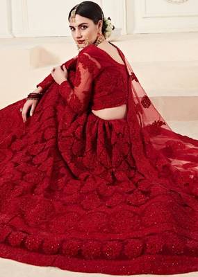Red embroidered net semi stitched lehenga 2
