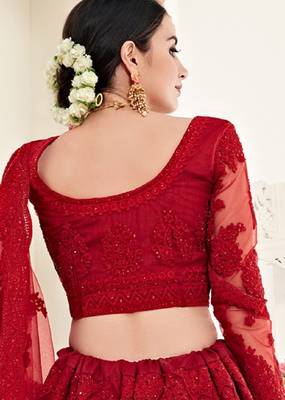 Red embroidered net semi stitched lehenga 4