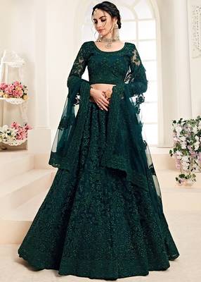 Green embroidered net semi stitched lehenga 1