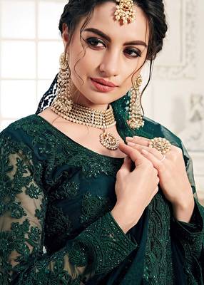 Green embroidered net semi stitched lehenga 2