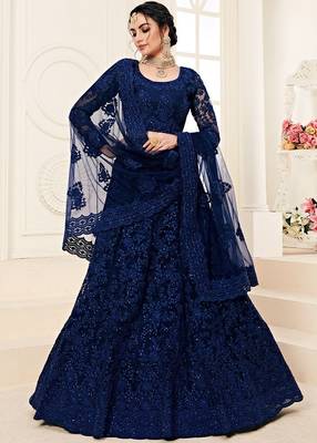Blue embroidered net semi stitched lehenga 1