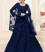 Blue embroidered net semi stitched lehenga
