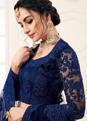 Blue embroidered net semi stitched lehenga 2