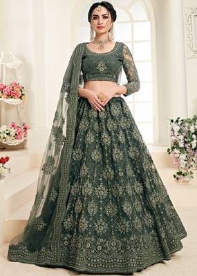 Green embroidered net semi stitched lehenga 1