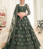 Green embroidered net semi stitched lehenga