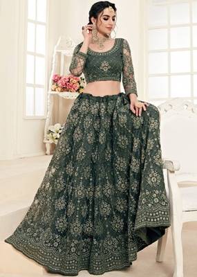 Green embroidered net semi stitched lehenga 2