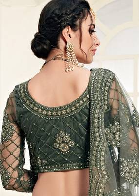 Green embroidered net semi stitched lehenga 4