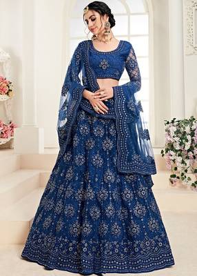 Blue embroidered net semi stitched lehenga 1