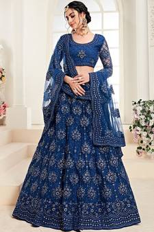 Blue embroidered net semi stitched lehenga