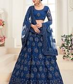 Blue embroidered net semi stitched lehenga