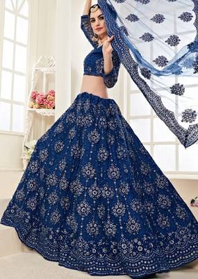 Blue embroidered net semi stitched lehenga 2