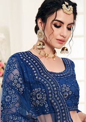 Blue embroidered net semi stitched lehenga 3