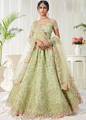 Green embroidered net semi stitched lehenga 1