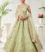 Green embroidered net semi stitched lehenga