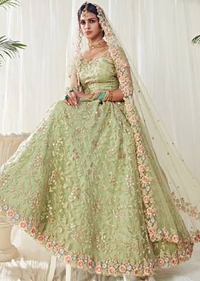 Green embroidered net semi stitched lehenga 2