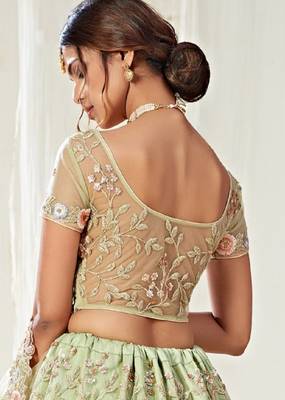 Green embroidered net semi stitched lehenga 4
