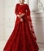 Red embroidered net semi stitched lehenga