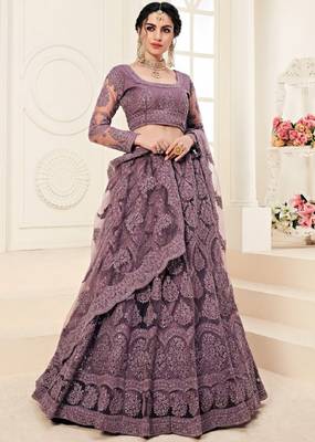 Purple embroidered net semi stitched lehenga 1