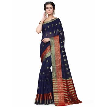 Dark Blue Woven Cotton Silk Saree With Blouse 1