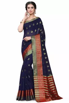 Dark Blue Woven Cotton Silk Saree With Blouse