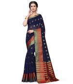 Dark Blue Woven Cotton Silk Saree With Blouse