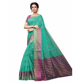 Turquoise Woven Cotton Silk Saree With Blouse 1