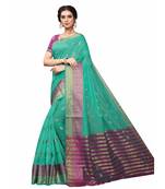 Turquoise Woven Cotton Silk Saree With Blouse