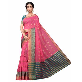 Pink Woven Cotton Silk Saree With Blouse 1