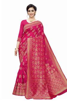 Pink Woven Jacquard Saree With Blouse
