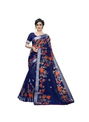 Dark Blue Printed Linen Saree With Blouse 1