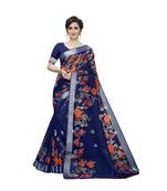 Dark Blue Printed Linen Saree With Blouse