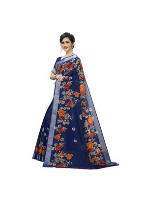 Dark Blue Printed Linen Saree With Blouse 2