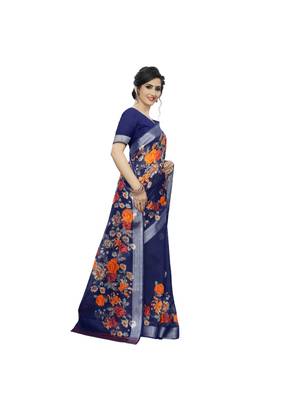 Dark Blue Printed Linen Saree With Blouse 3