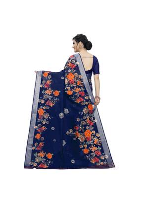 Dark Blue Printed Linen Saree With Blouse 4