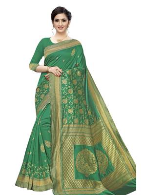 Green woven jacquard saree with blouse 1