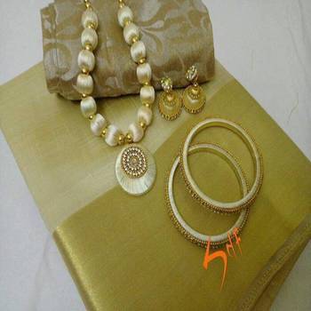 Cream Plain Tussar Silk Blend Saree With Blouse 1