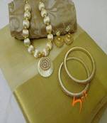 Cream Plain Tussar Silk Blend Saree With Blouse