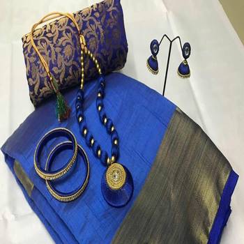 Blue Plain Tussar Silk Blend Saree With Blouse 1